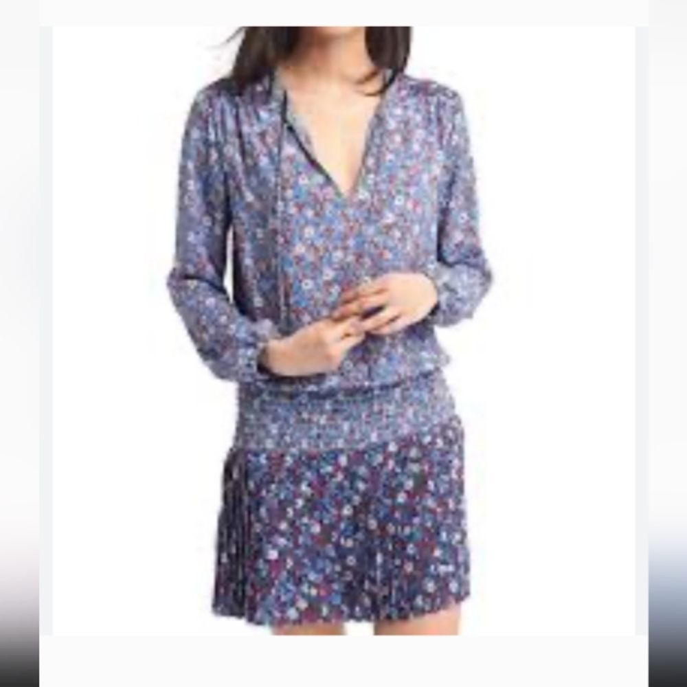 Gap women dress blue mixed floral, long sleeve, neck tie pleated smocked